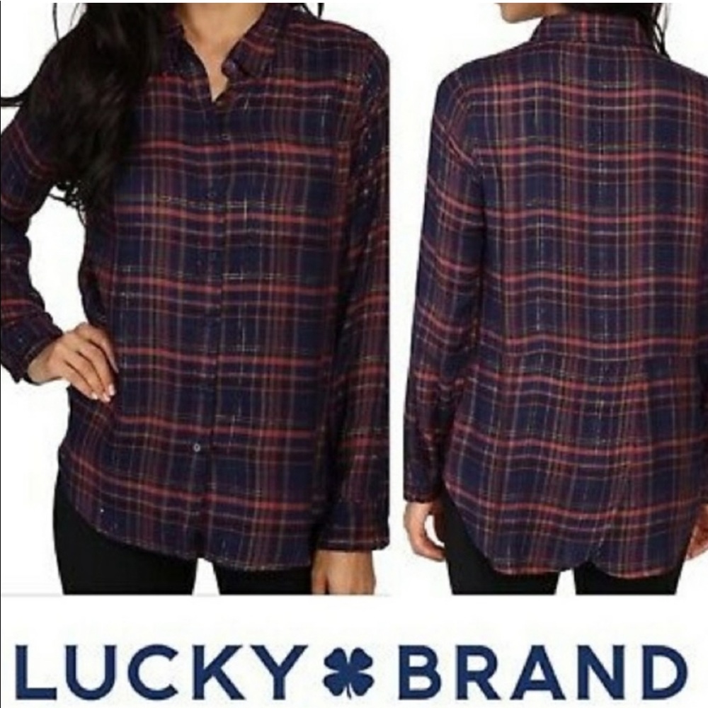 Lucky Brand Navy and Red Plaid Top with metallic gold threads #sh0073 - Picture 2 of 11